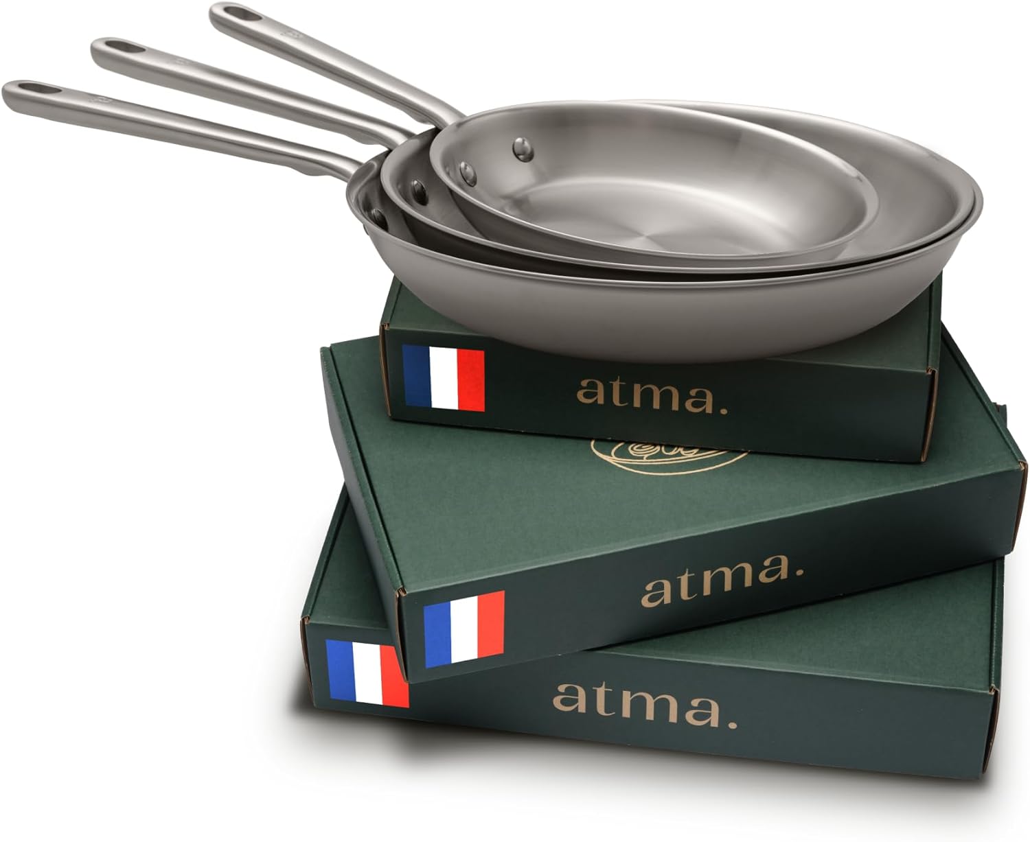 Set de 3 Poêles Inox Triple Couche - Poêles Induction - Sans PFAS ni Revêtement Chimique