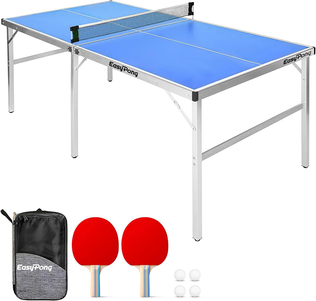 Table de Ping Pong Bleu, 182x91cm, Facile à Transporter, 2 Raquettes + 4 Balles