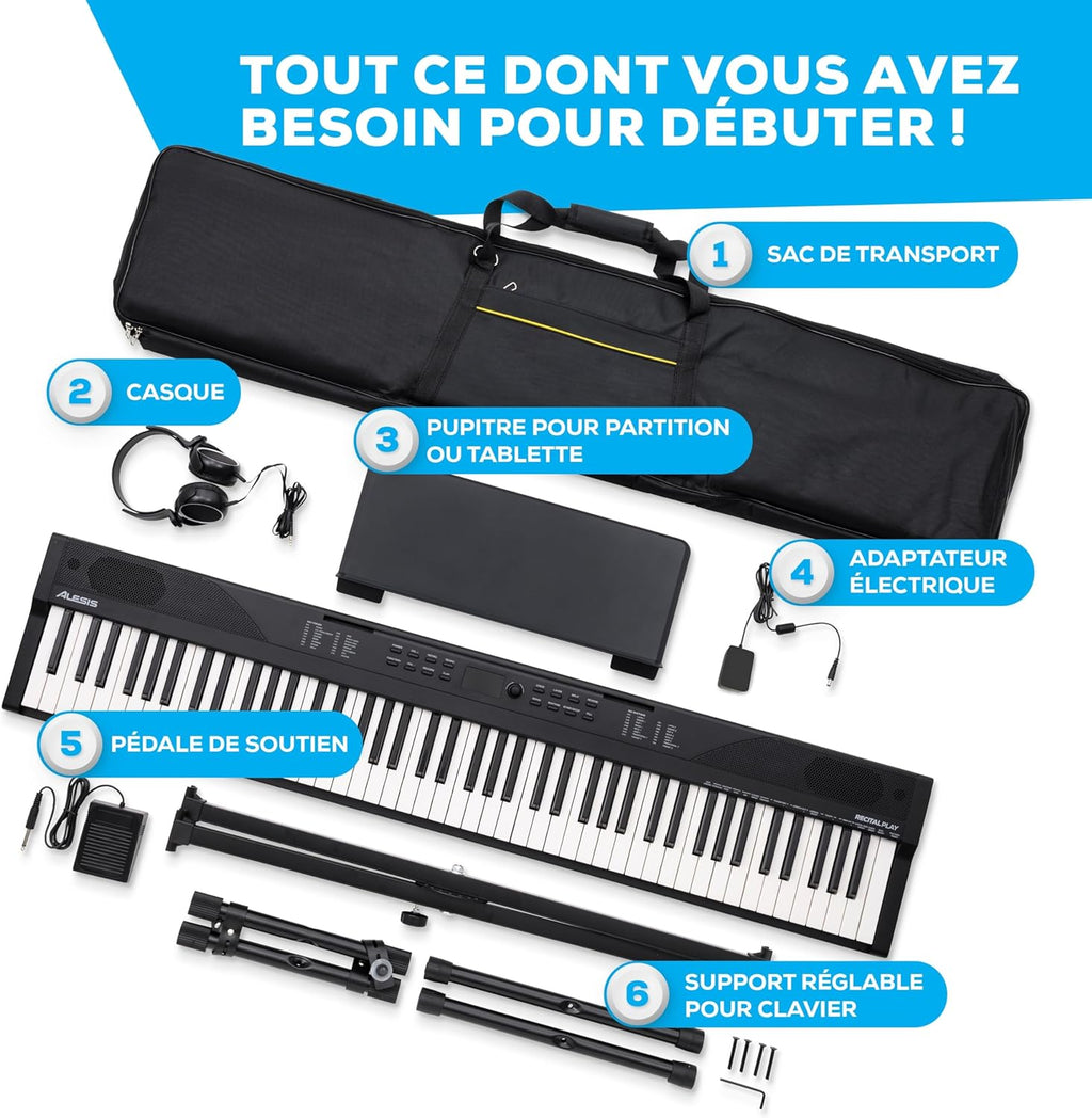 Piano Numérique 88 Touches avec 480 Sons, Haut-Parleurs, Sac de Transport, Support, Casque