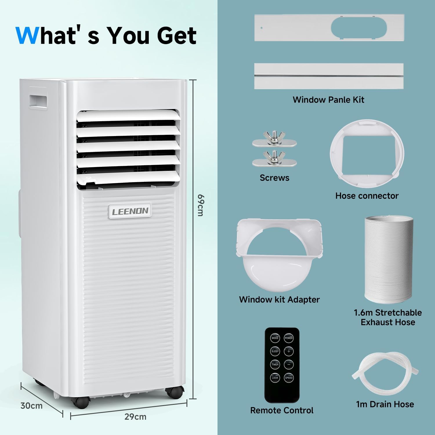 Climatiseur Mobile 9000 BTU, 4 en 1 avec Déshumidificateur et Mode Sommeil, Kit Fenêtre Fourni