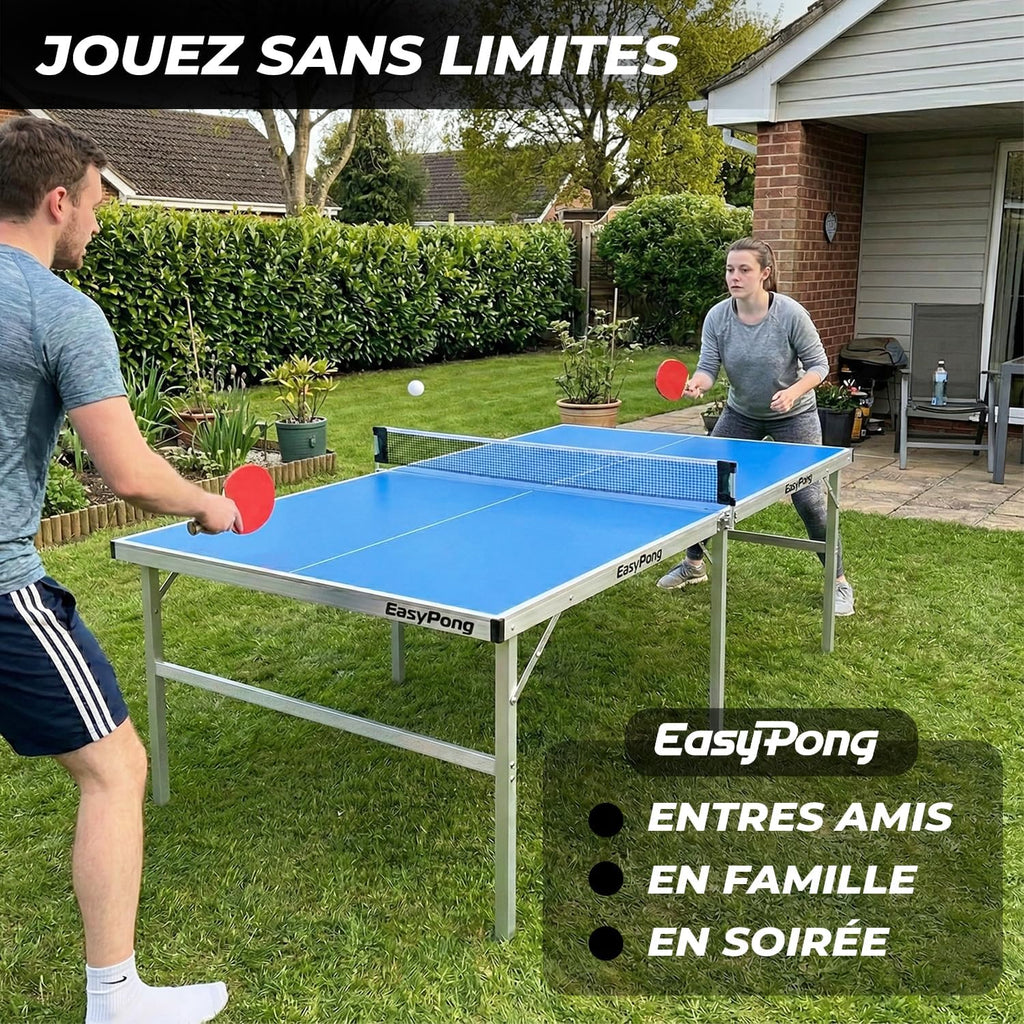 Table de Ping Pong Bleu, 182x91cm, Facile à Transporter, 2 Raquettes + 4 Balles