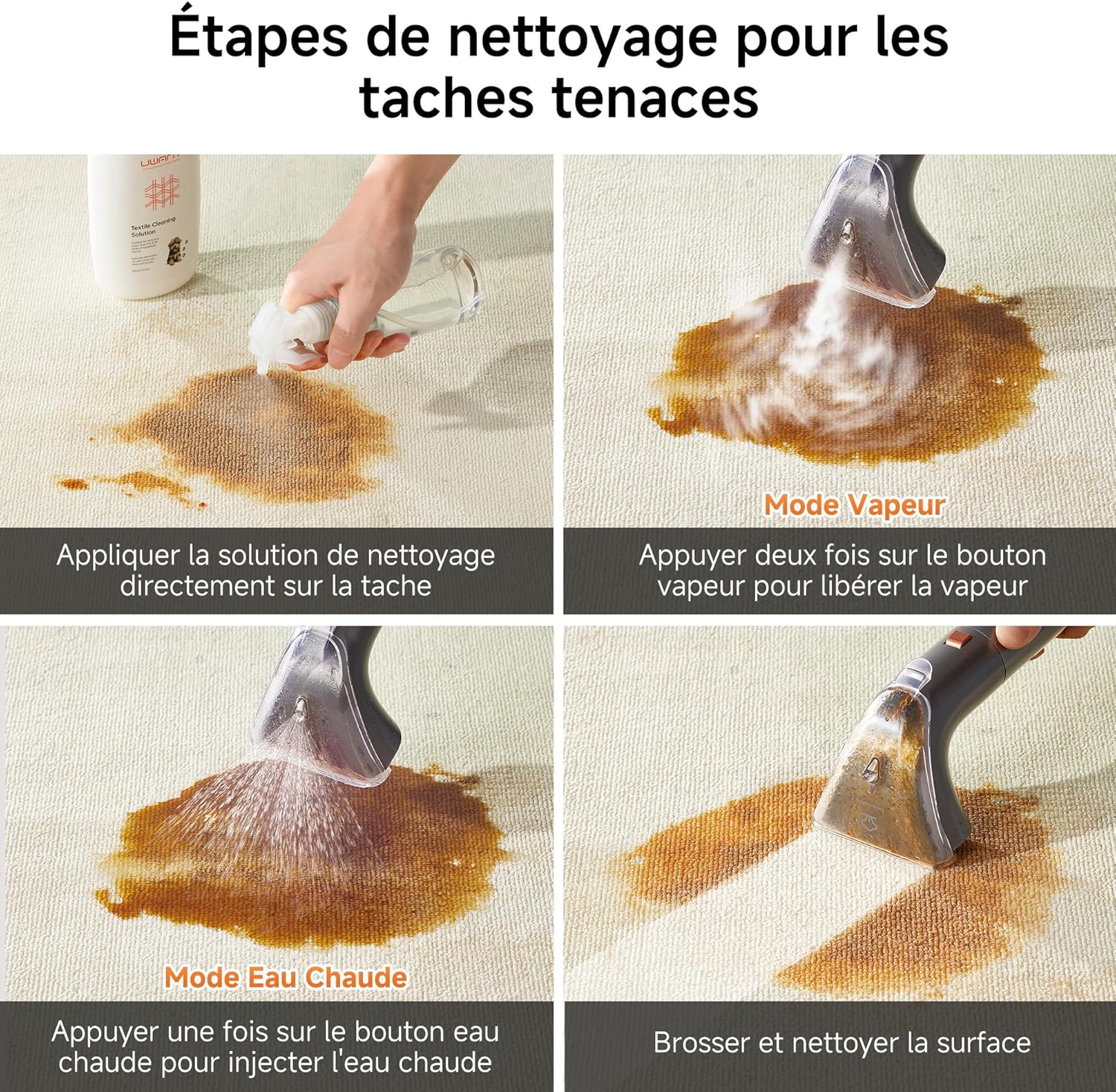 B400 Vapeur et Chauffage Shampouineuse Canapé Professionnel，Aspiration Puissante 18Kpa avec 4 Accessoires
