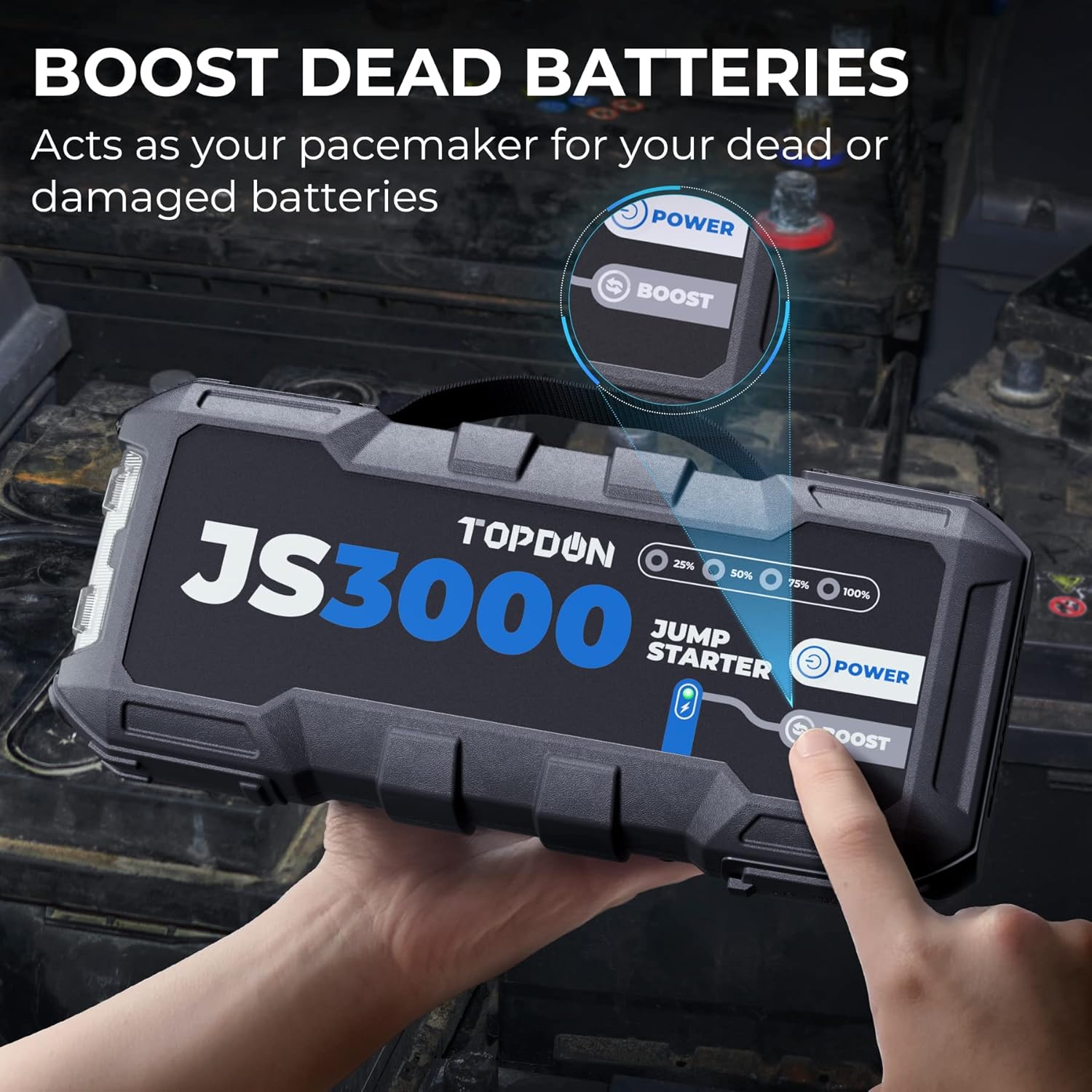JS3000 Demarreur Batterie Voiture 3000A/24000mAh Jump Starter Moteurs, Lampe Poche LED intégrée