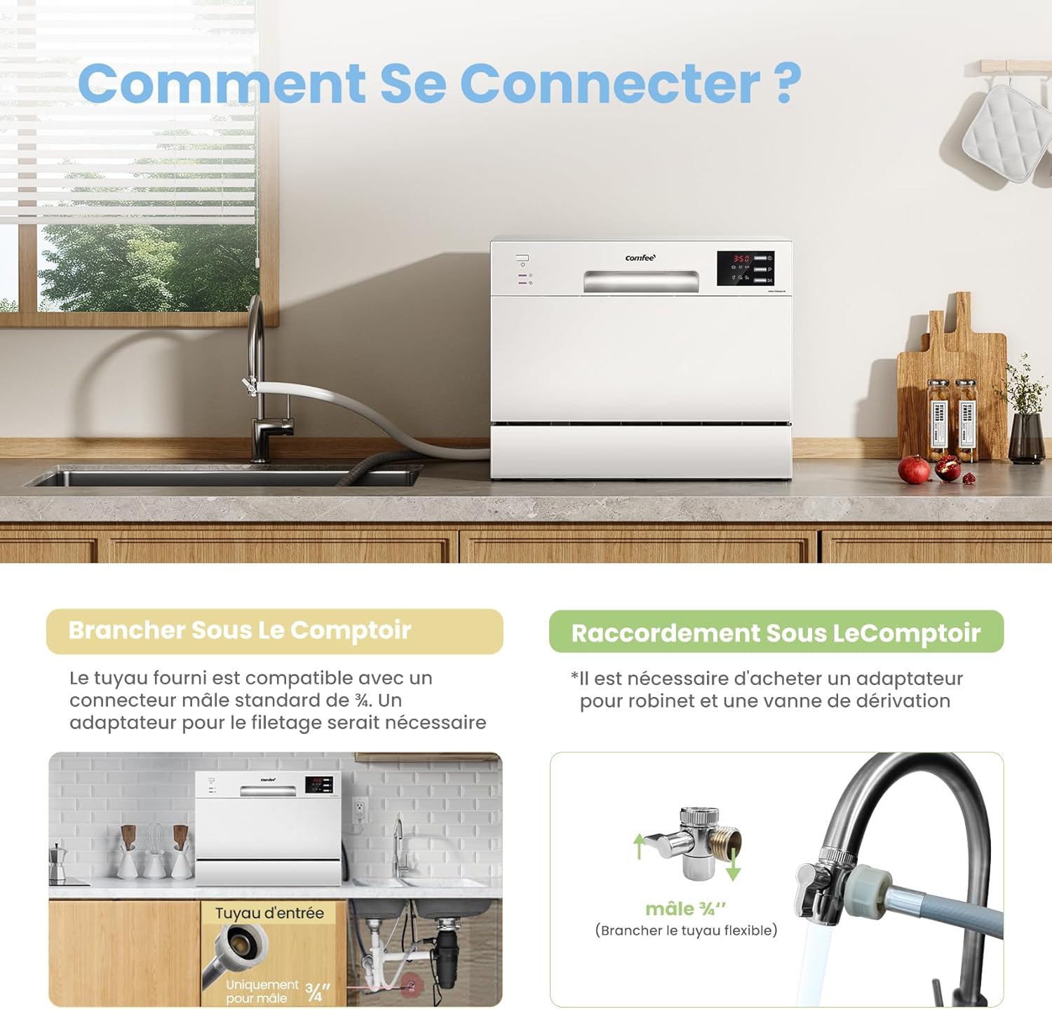 TD602E-W Lave-vaisselle compact pose libre, écran LED, 6,5 litres, blanc