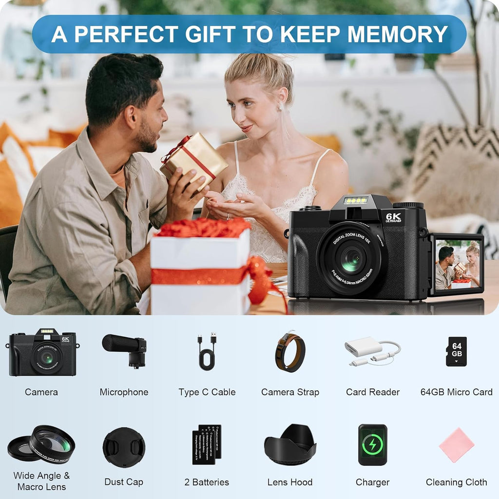 Appareil Photo Numérique 6K 64MP avec WiFi, Carte TF 64 Go, Microphone, Autofocus