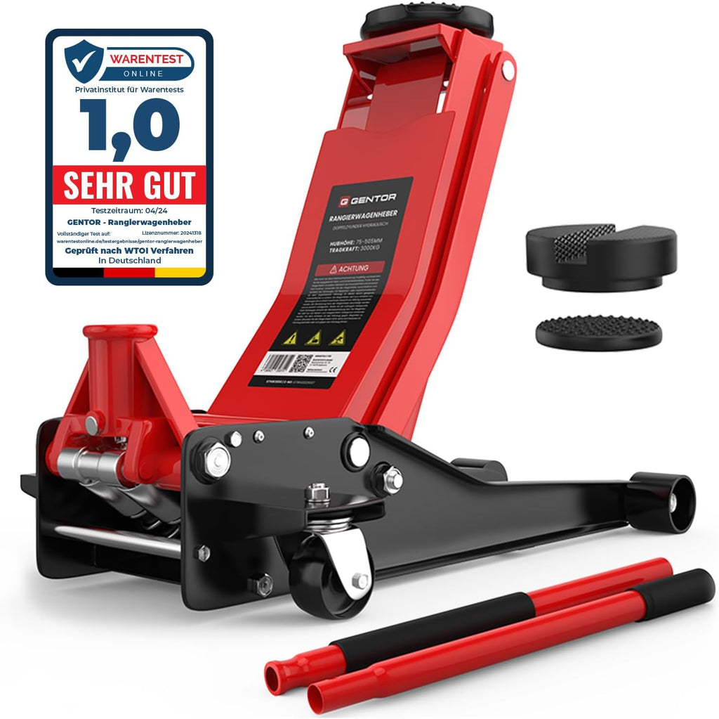 Cric hydraulique 3T - Hauteur de Levage Plate : 75-505 mm - avec 2 Supports en Caoutchouc