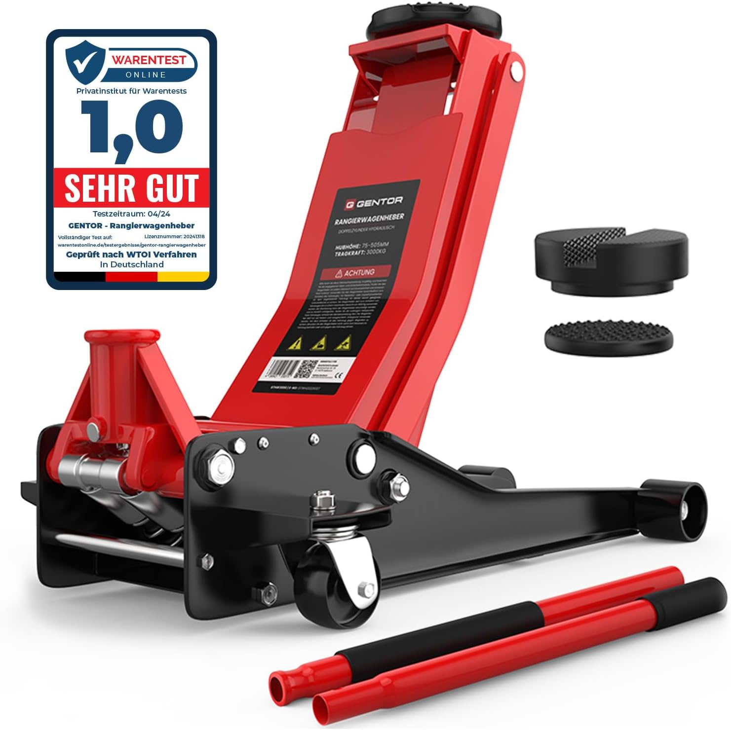 Cric hydraulique 3T - Hauteur de Levage Plate : 75-505 mm - avec 2 Supports en Caoutchouc