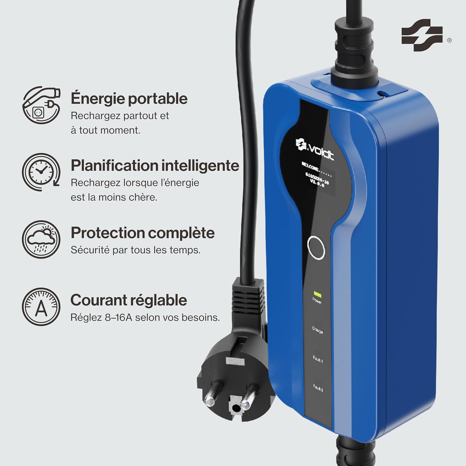 Chargeur réglable pour véhicules électriques avec affichage numérique contrôlable, câble de charge Schuko Type 2, 3,7 kW