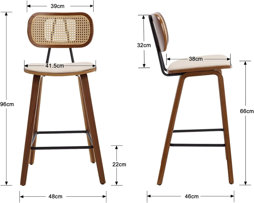 Tabourets de bar en rotin et bois - ensemble de deux pièces, avec coussins en cuir PU, beige