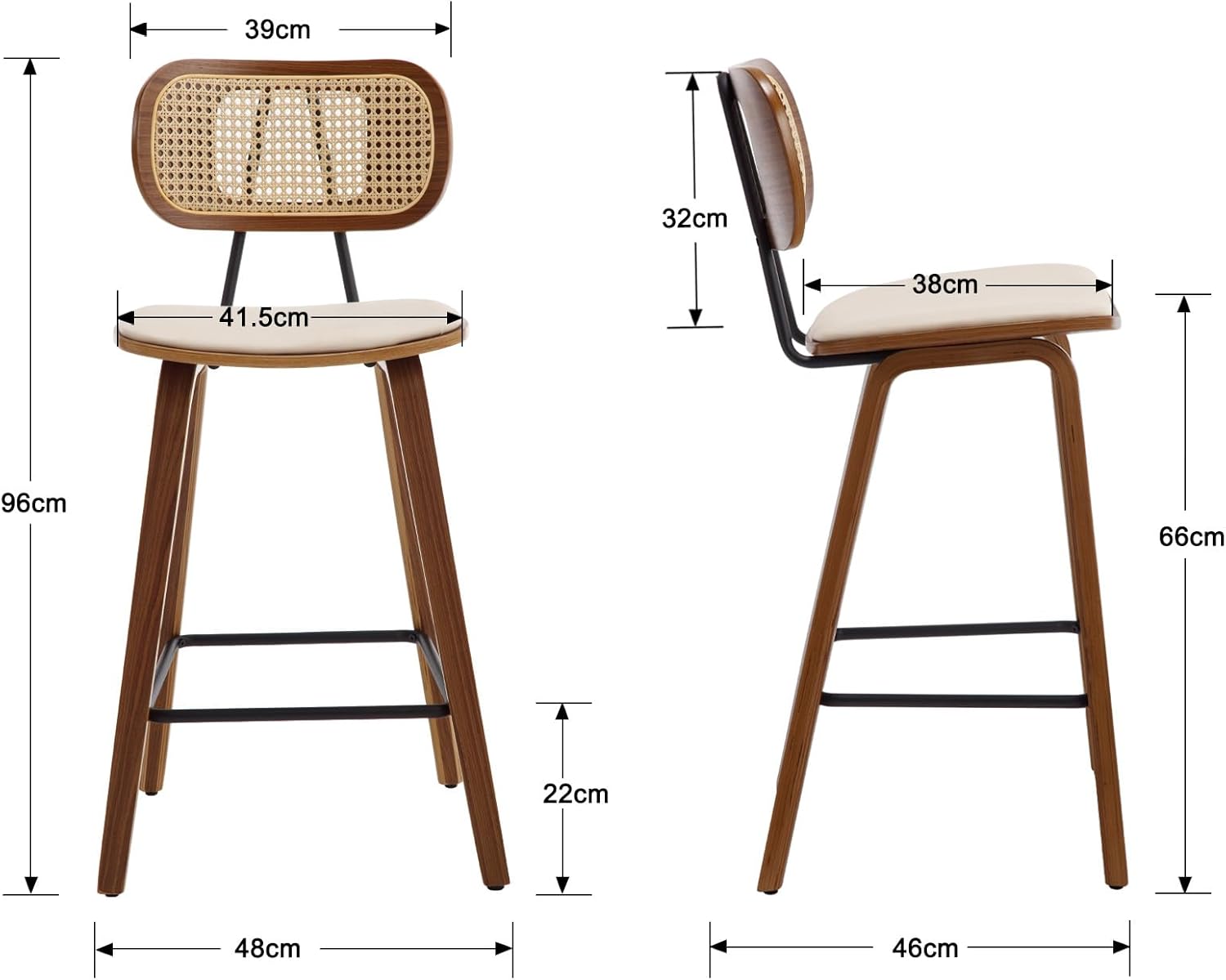 Tabourets de bar en rotin et bois - ensemble de deux pièces, avec coussins en cuir PU, beige