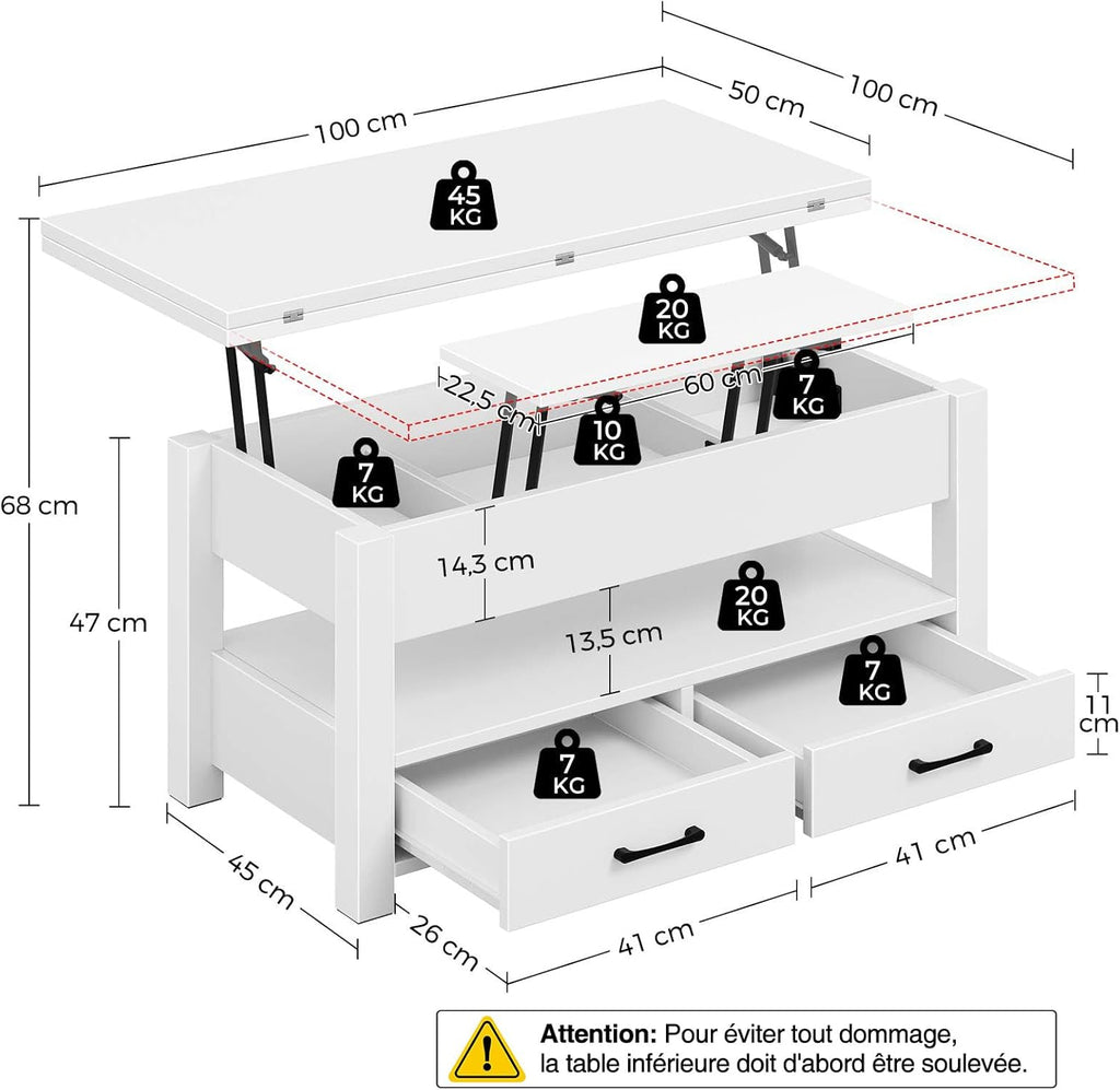 Table Basse Relevable et Extensible en Bois – avec Tiroir, Rangement Caché et Compartiment Ouvert
