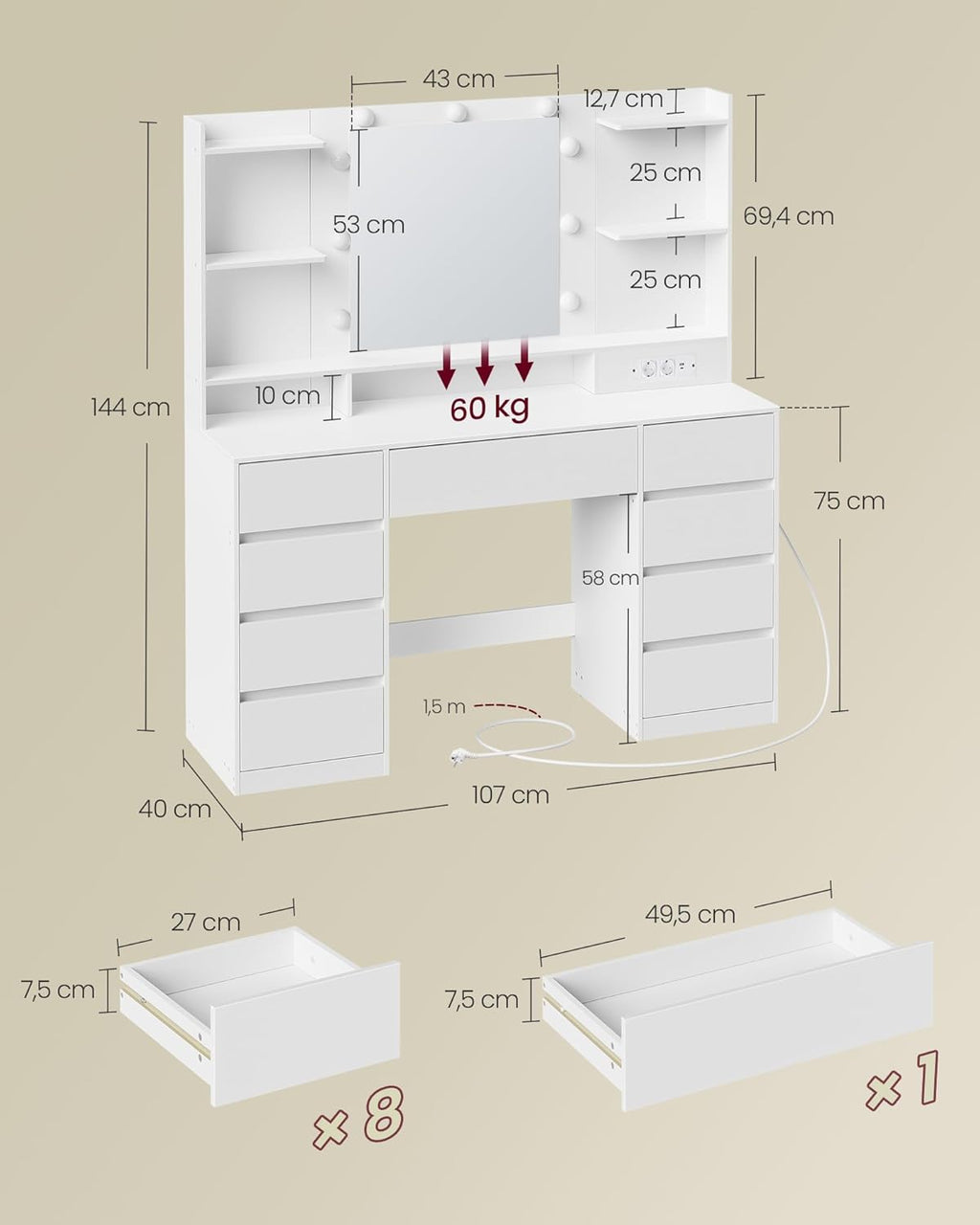 Kailyn Collection - Coiffeuse avec Miroir LED, Multiprise, 9 Tiroirs, RDT141WB02