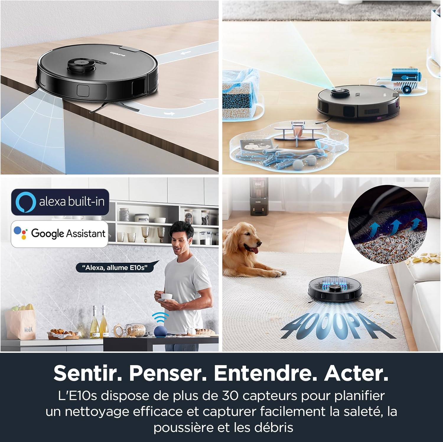 E10s Robot Aspirateur Laveur avec Station Écologique sans Sac Vidage Automatique de Poussière, 4000 Pa