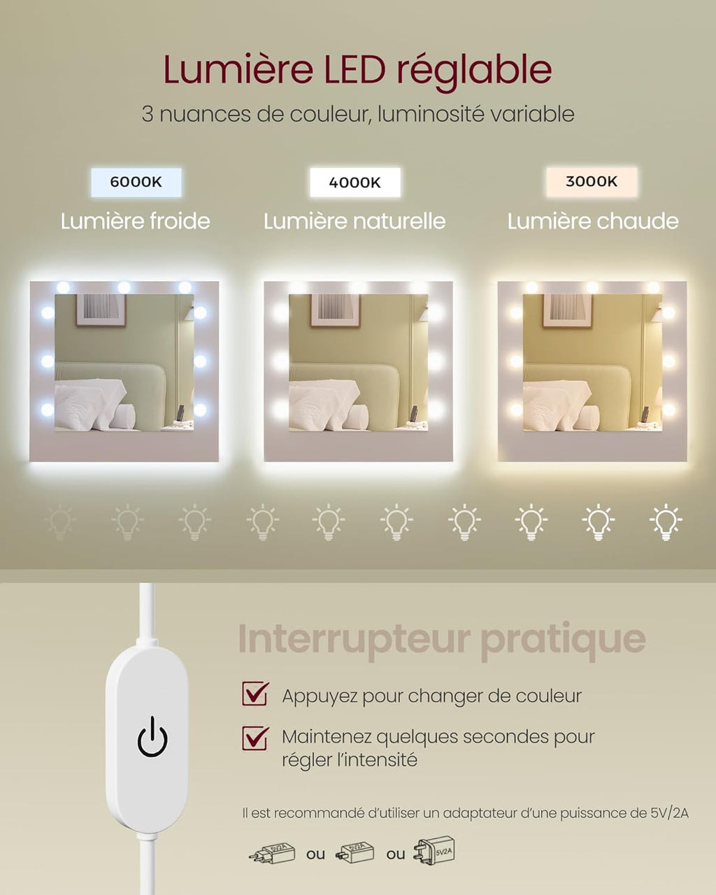 Kailyn Collection - Coiffeuse avec Miroir LED, Multiprise, 9 Tiroirs, RDT141WB02
