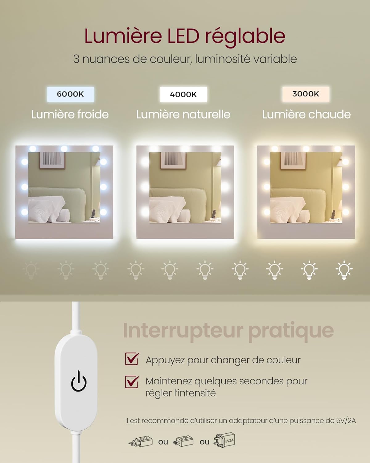 Kailyn Collection - Coiffeuse avec Miroir LED, Multiprise, 9 Tiroirs, RDT141WB02