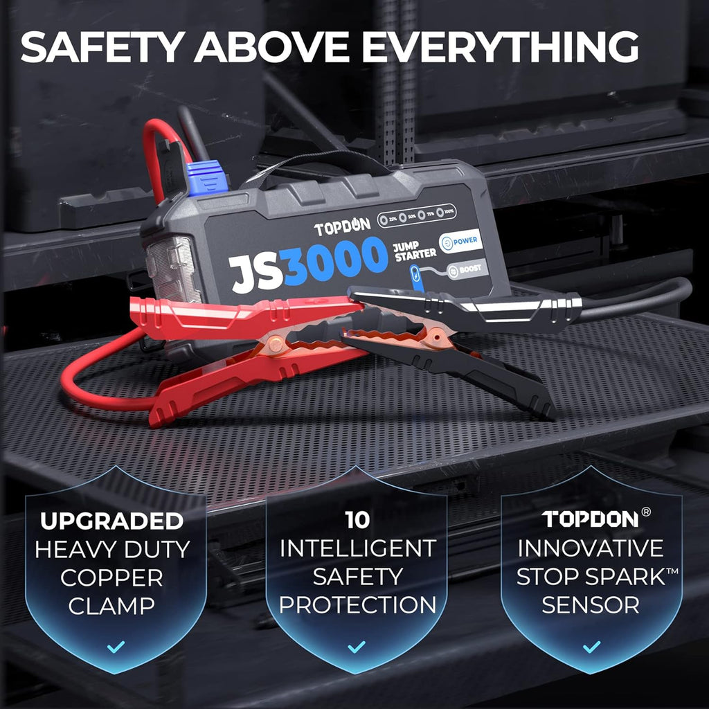 JS3000 Demarreur Batterie Voiture 3000A/24000mAh Jump Starter Moteurs, Lampe Poche LED intégrée