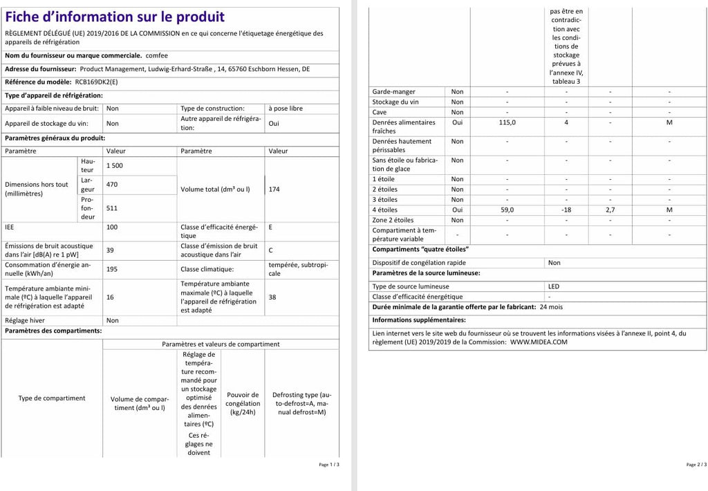 RCB169DK2(E) Réfrigérateur avec Congélateur, Température Réglable du Réfrigérateur