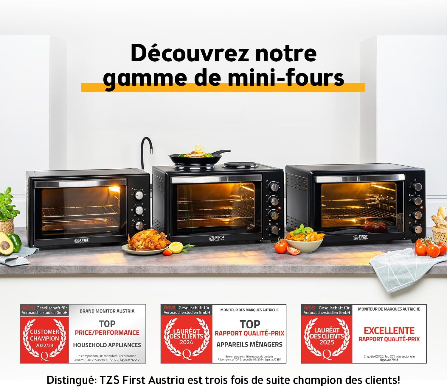 First Austria - Mini-Four 45L 2000W - Avec 4 hauteurs d'insertion, plaque, grille & tournebroche rotatif