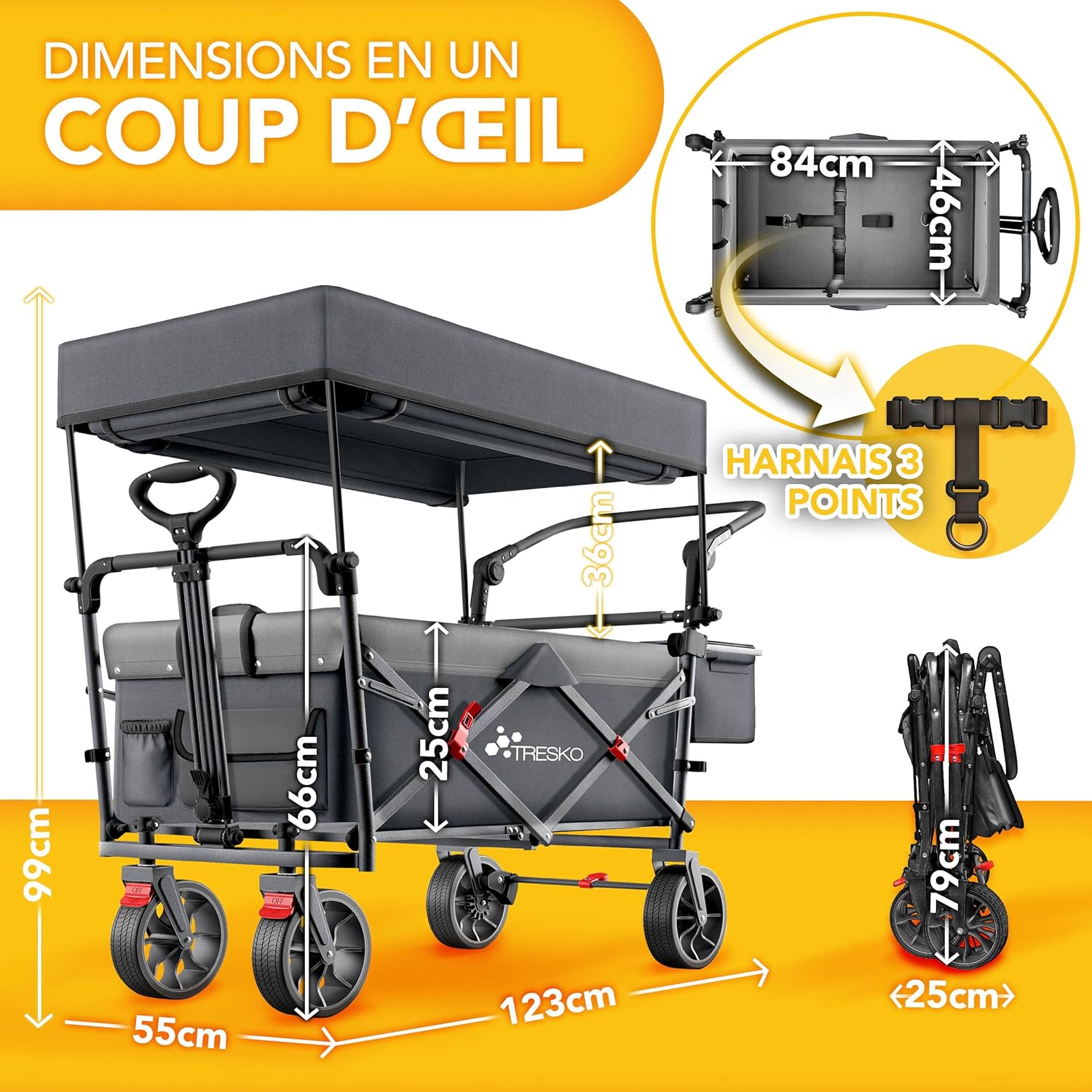 Chariot de transport pliable avec toit, compartiment isotherme et stores latéraux