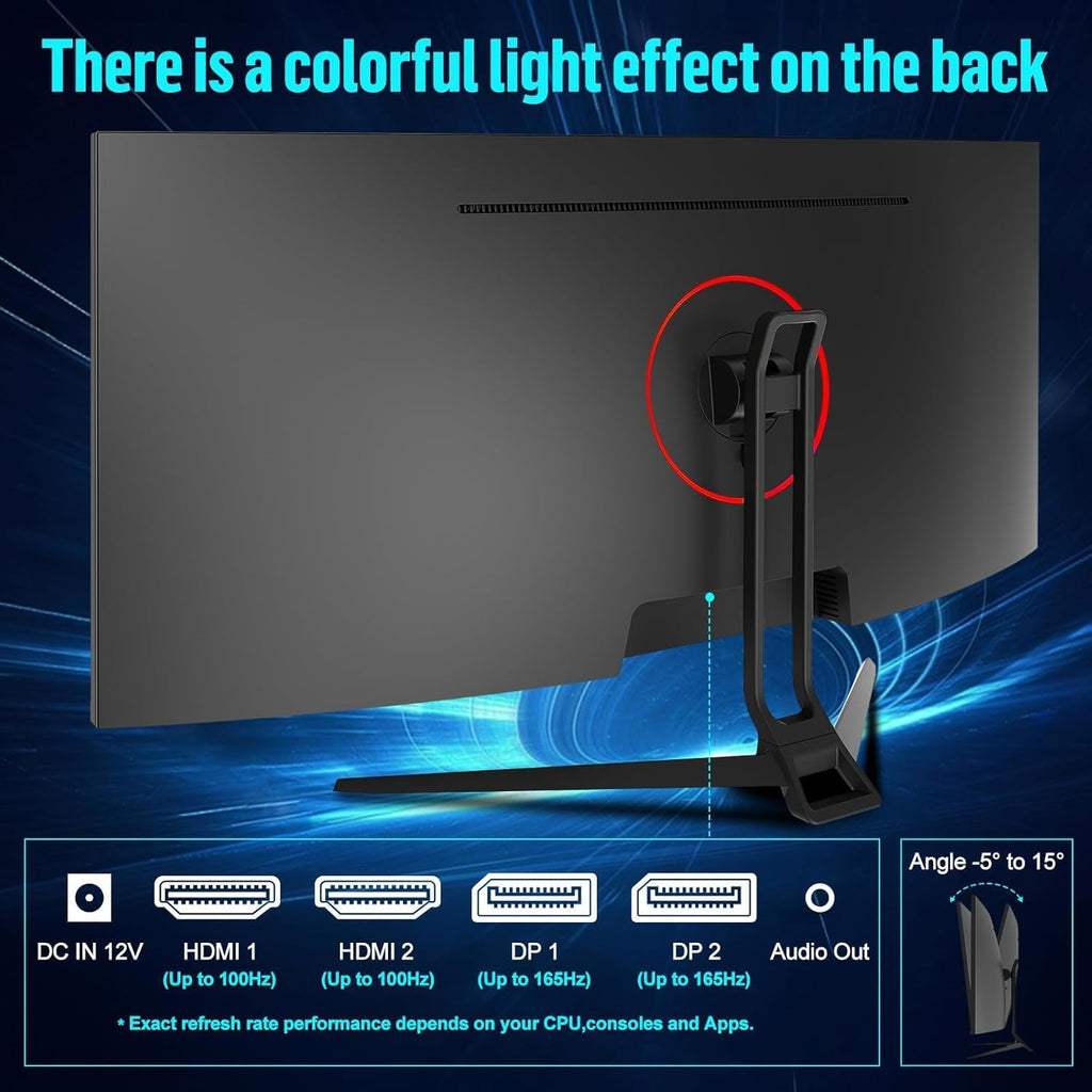 Écran PC Incurvé 34 Pouces, Moniteur Gaming 1500R 165Hz, Ecran PC UHD 4K 3840x2160