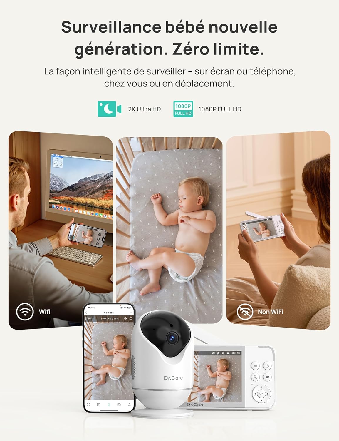 VistaView 5” Moniteur Bébé WiFi avec Support Clip - Caméra 2K HD, Contrôle Via Application