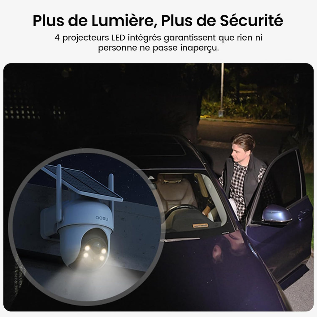 2K Camera Surveillance WiFi Exterieure Sans Fil Solaire, Kit de 4 Caméras & aosuBase