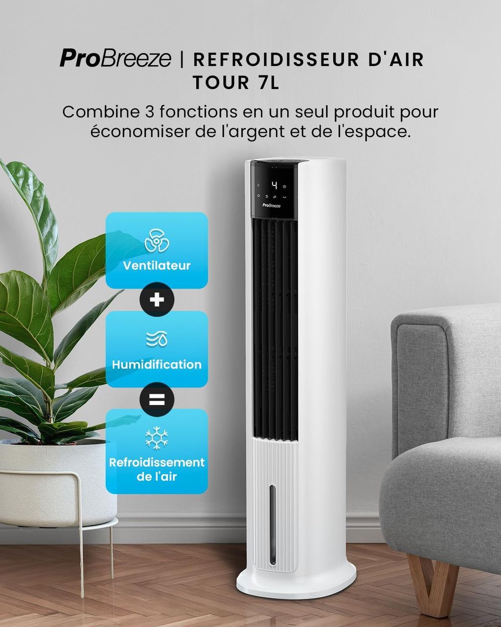 OmniAir Rafraichisseur d’Air 7L 3en1, 7 Vitesses, 3 Modes, Oscillant, Silencieux, Sans Conduit