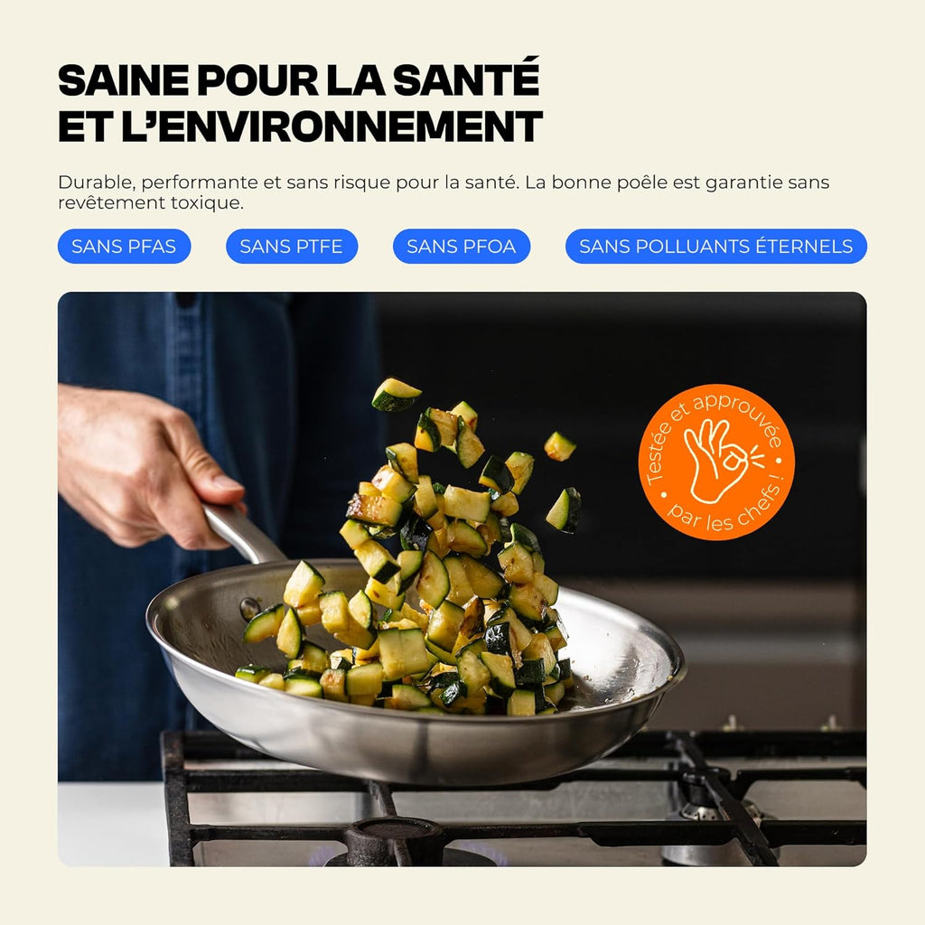 Set de 3 Poêles Inox Triple Couche - Poêles Induction - Sans PFAS ni Revêtement Chimique