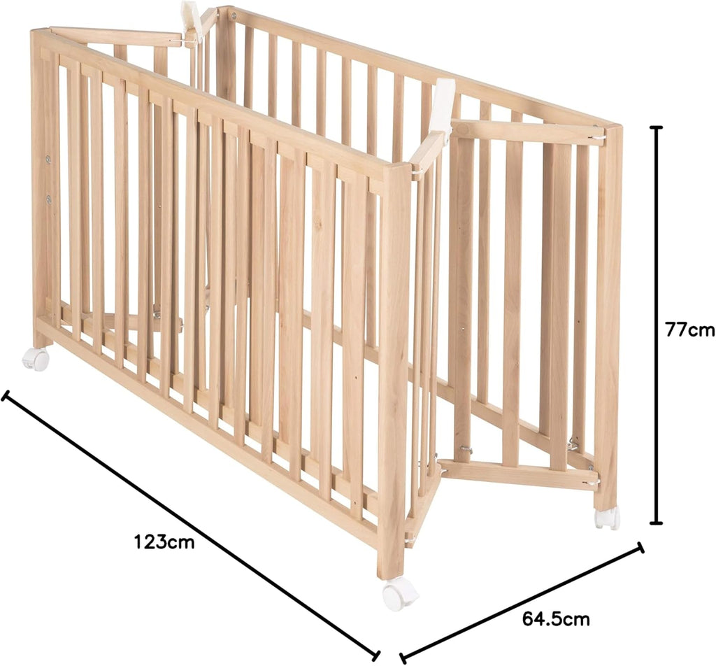 Lit Bébé Pliant en Hêtre "Fold Up" 60x120 cm - avec Roulettes à Freins - Naturel