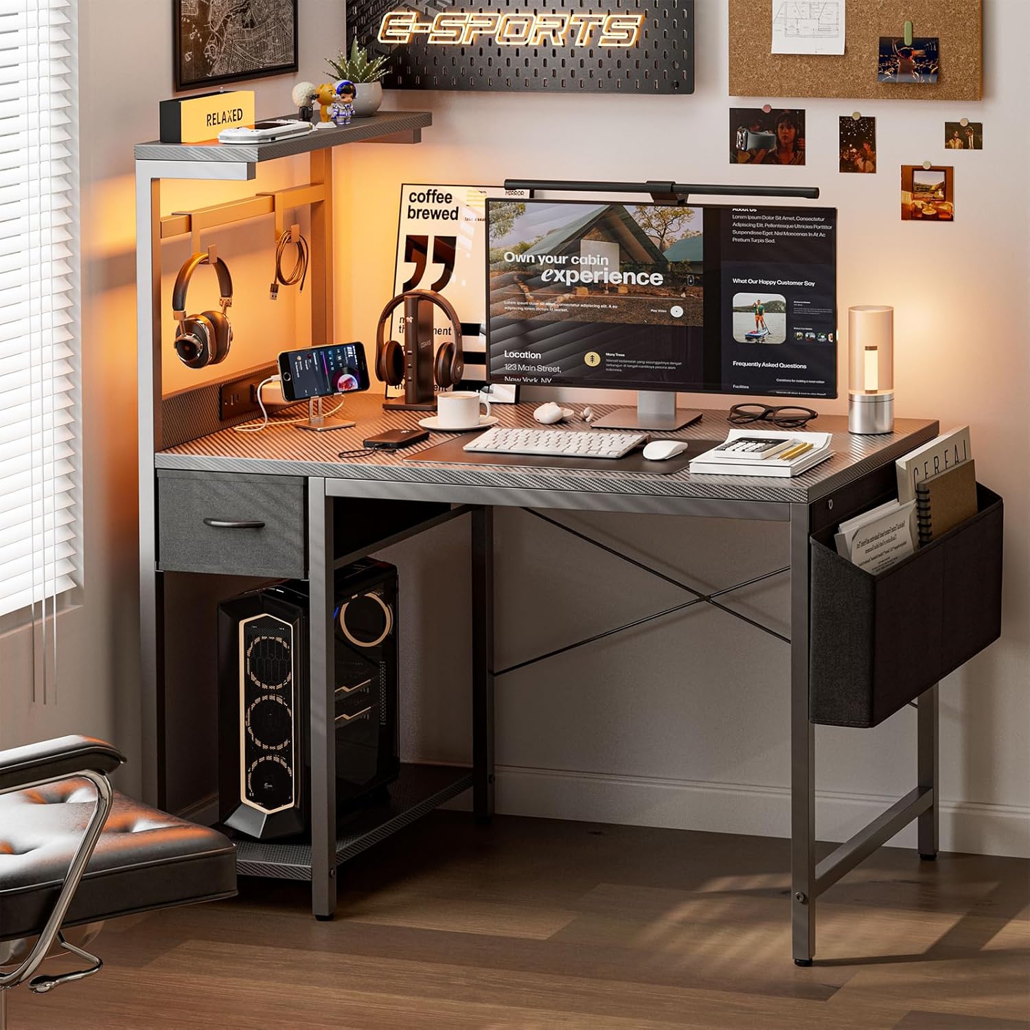 Grandder Bureau de gaming, Bureau de jeu de 120 cm avec prise de courant et éclairage LED