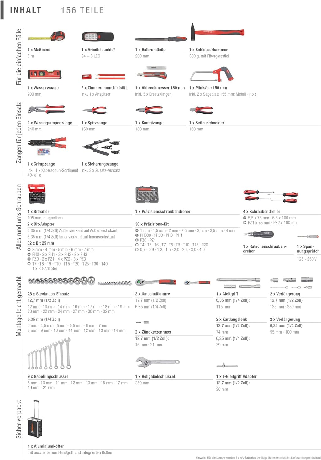 Chariot à outils 156 pièces - Ensemble d'outils avec roulettes, Poignée télescopique, 8971440