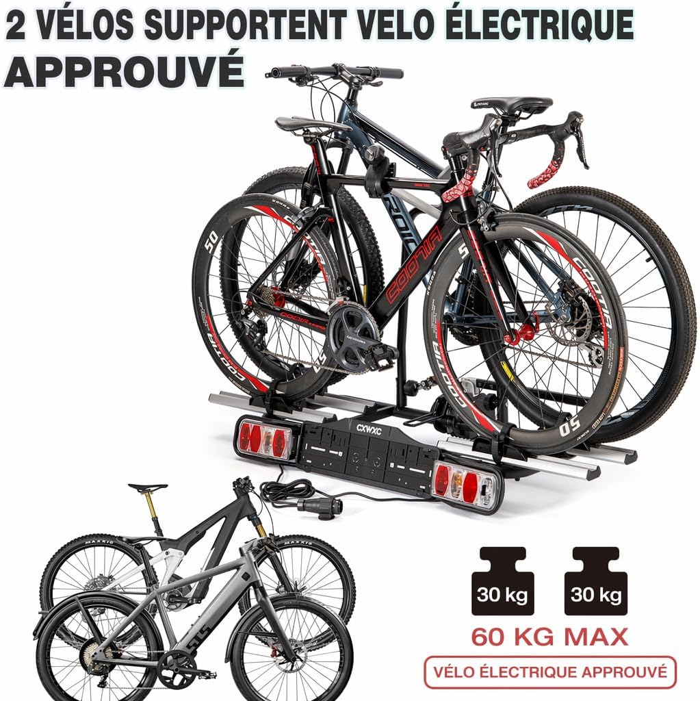 Porte-vélos électrique CXWXC avec crochet de remorquage et feu arrière