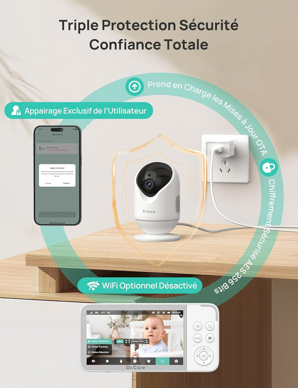 VistaView 5” Moniteur Bébé WiFi avec Support Clip - Caméra 2K HD, Contrôle Via Application