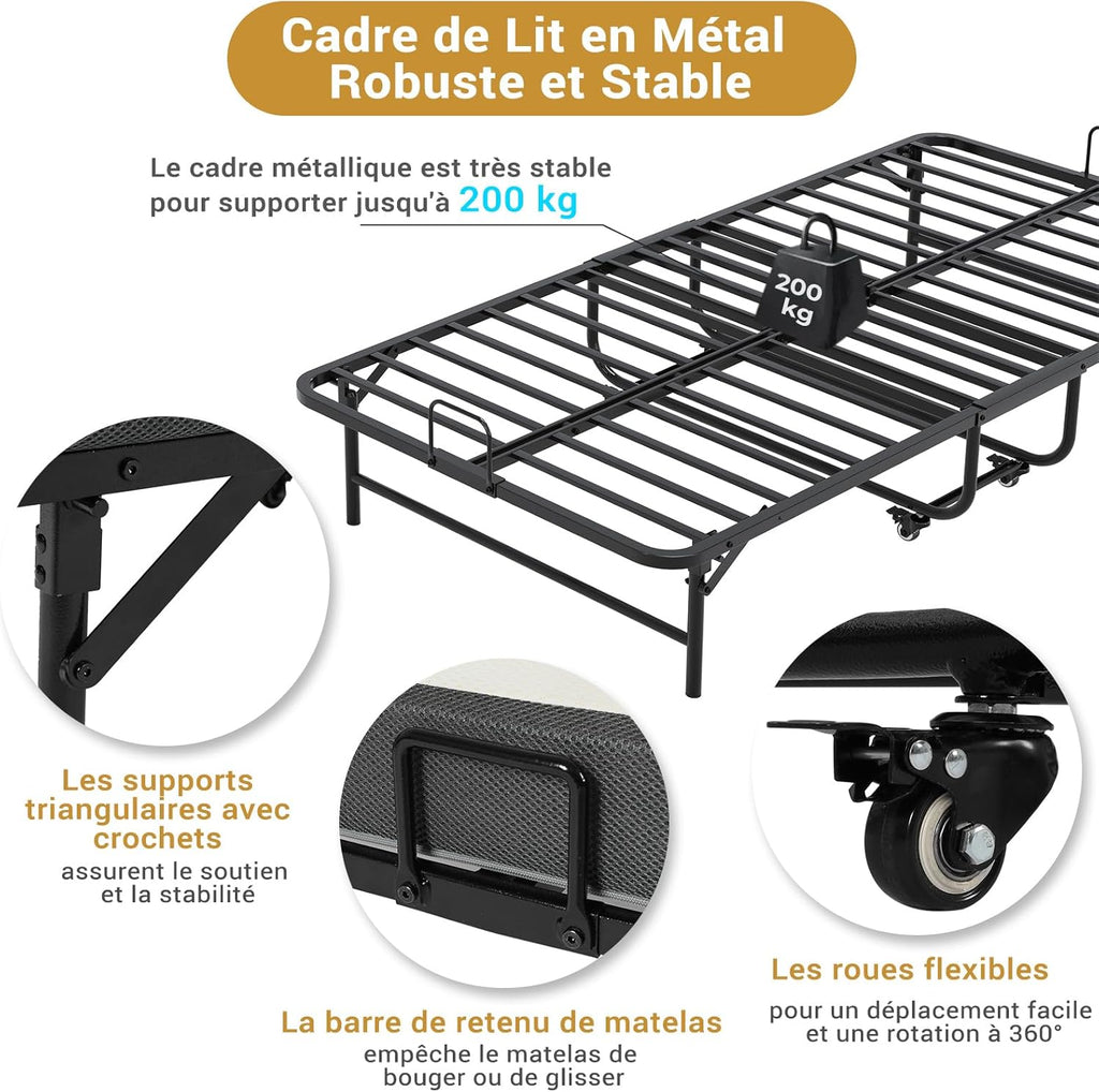 Lit Pliant 1 Personne 90x200 cm avec Matelas et 4 roulettes, Noir
