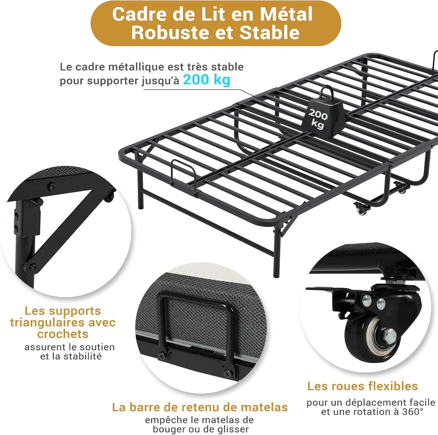 Lit Pliant 1 Personne 90x200 cm avec Matelas et 4 roulettes, Noir
