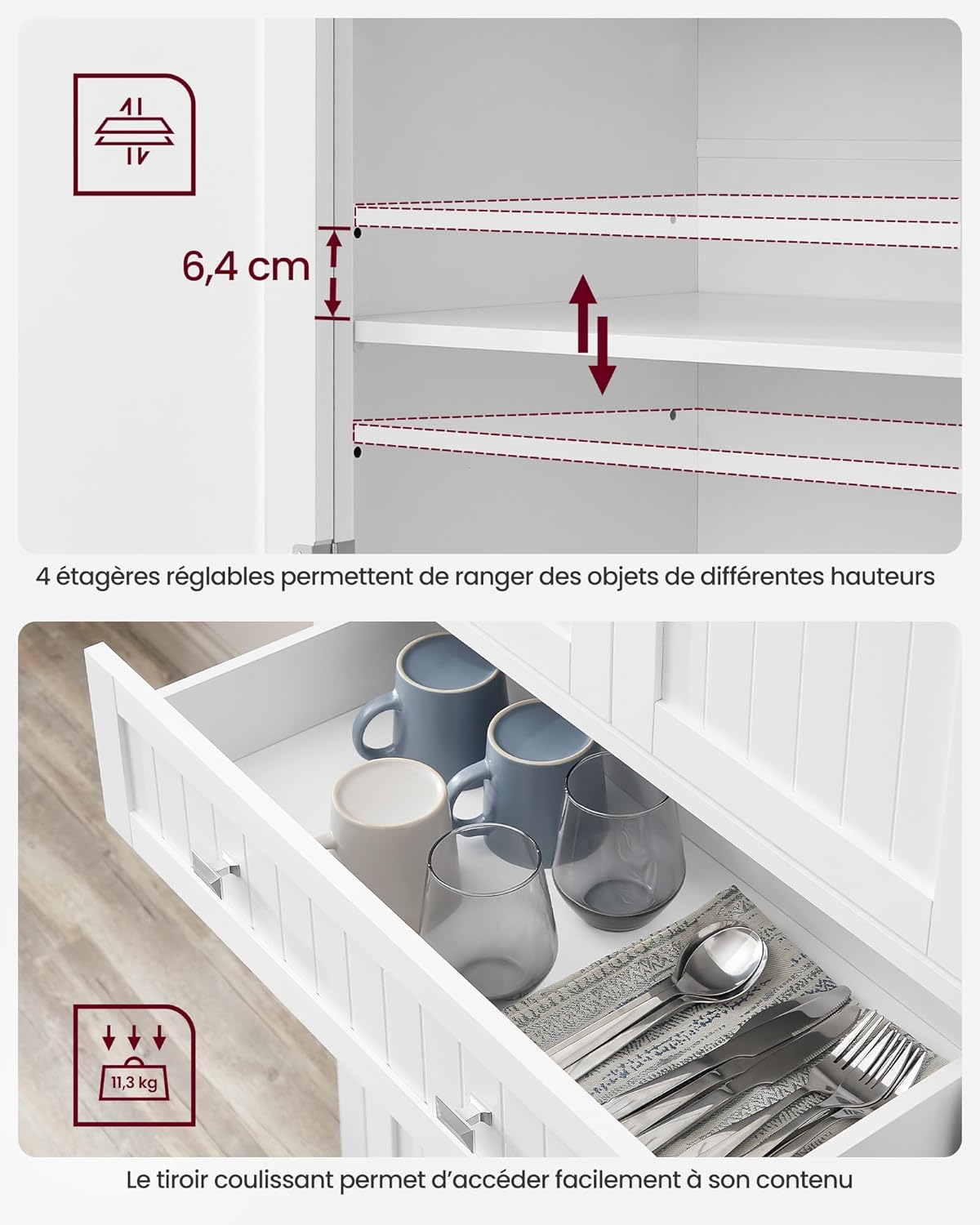 Buffet Haut Cuisine, Meuble de Rangement, avec Tiroir, Placards, Étagères Réglables, Blanc BBC561W21