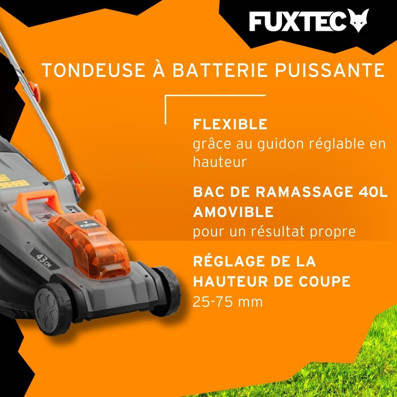Tondeuse à Gazon sans Fil 40V (2x20V) E2RM43 Set Batteries et Chargeur - Hauteur De Coupe Variable