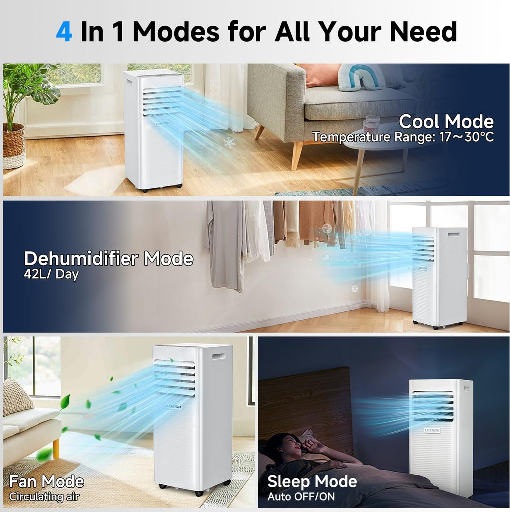 Climatiseur Mobile 9000 BTU, 4 en 1 avec Déshumidificateur et Mode Sommeil, Kit Fenêtre Fourni