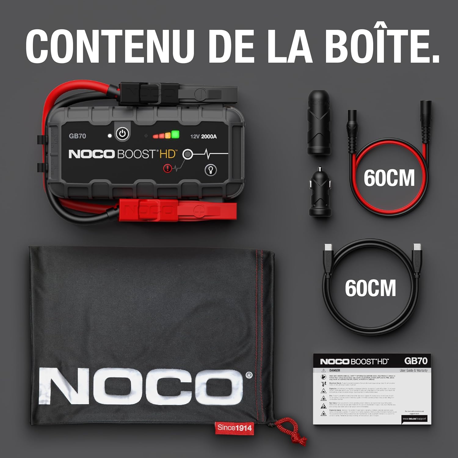 Booster de batterie portable GB70 UltraSafe 2000A, démarreur d'urgence pour batterie au lithium 12 V