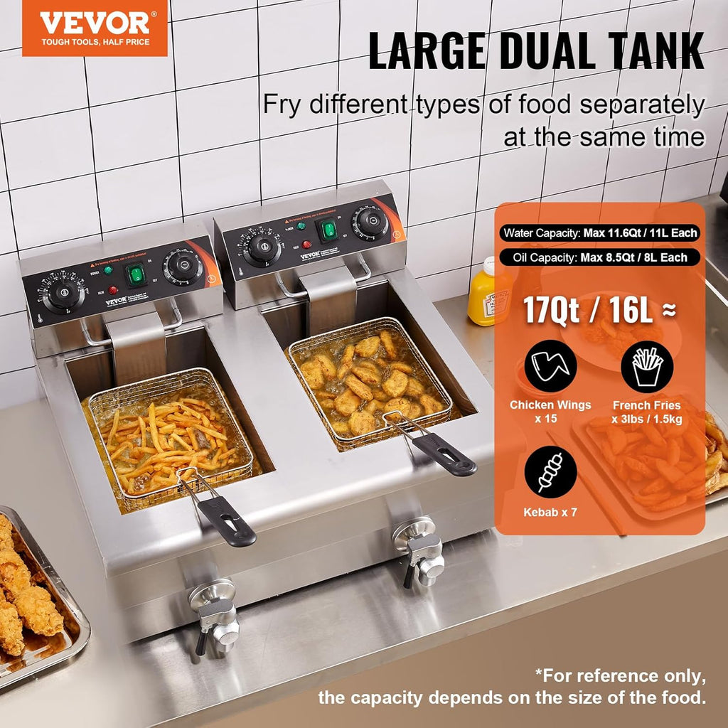 Friteuse Électrique Commerciale 11L x 2 Cuves 3000W x 2 Friteuse à Huile en Inox avec 2 Paniers