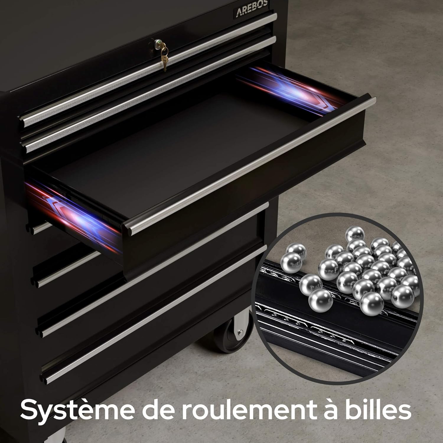 Chariot d'atelier - 7 Tiroirs Verrouillable, 4 roulettes, Tapis antidérapants