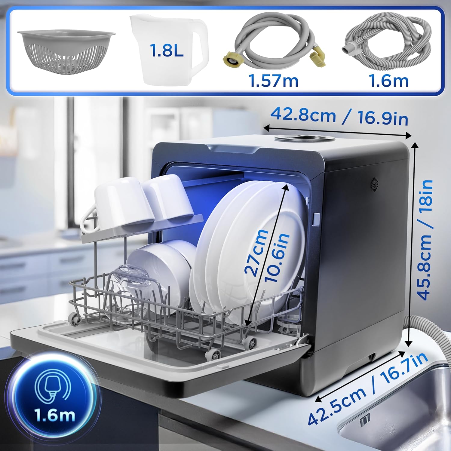 DW5 BK Lave-vaisselle de table 950W lave vaisselle posable, 7 programmes de lavage, séchage efficace
