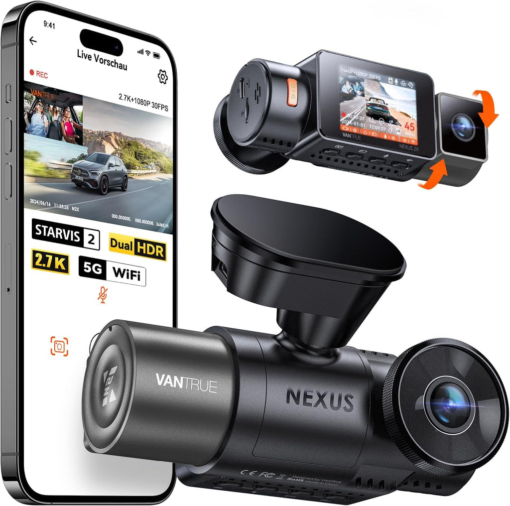 N2X 2.7K+1080P Dashcam Voiture Avant Intérieur, Support LTE, 5GHz WiFi GPS, APP & Commande Vocale