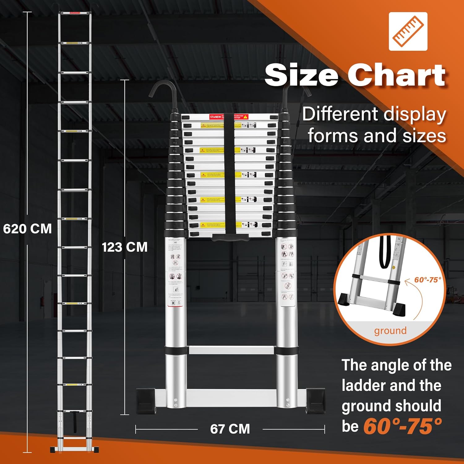 Échelle Télescopique Pliable en Aluminium 6.2 M, avec Barre Stabilisatrice et Crochet Amovible