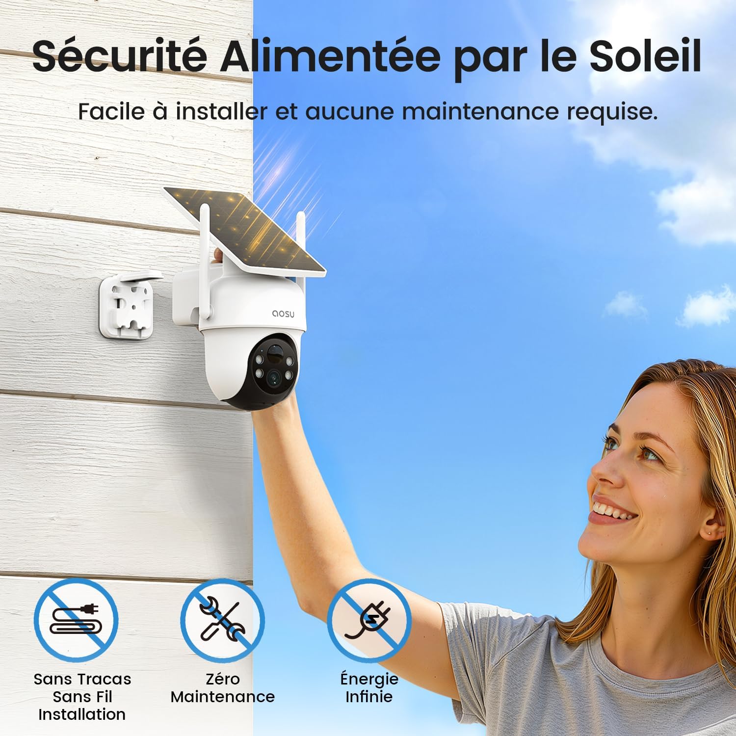 2K Camera Surveillance WiFi Exterieure Sans Fil Solaire, Kit de 4 Caméras & aosuBase