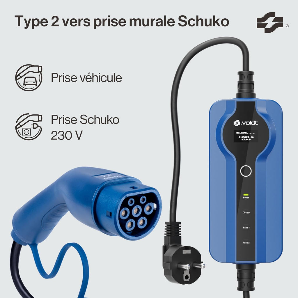 Chargeur réglable pour véhicules électriques avec affichage numérique contrôlable, câble de charge Schuko Type 2, 3,7 kW