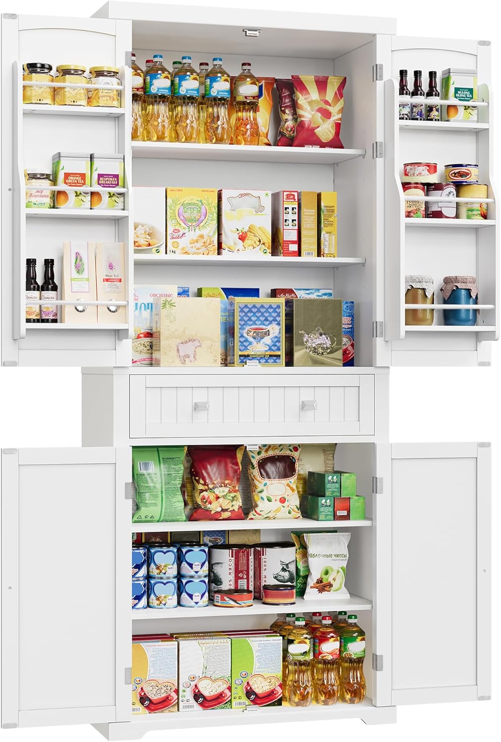Buffet Haut Cuisine, Meuble de Rangement, avec Tiroir, Placards, Étagères Réglables, Blanc BBC561W21