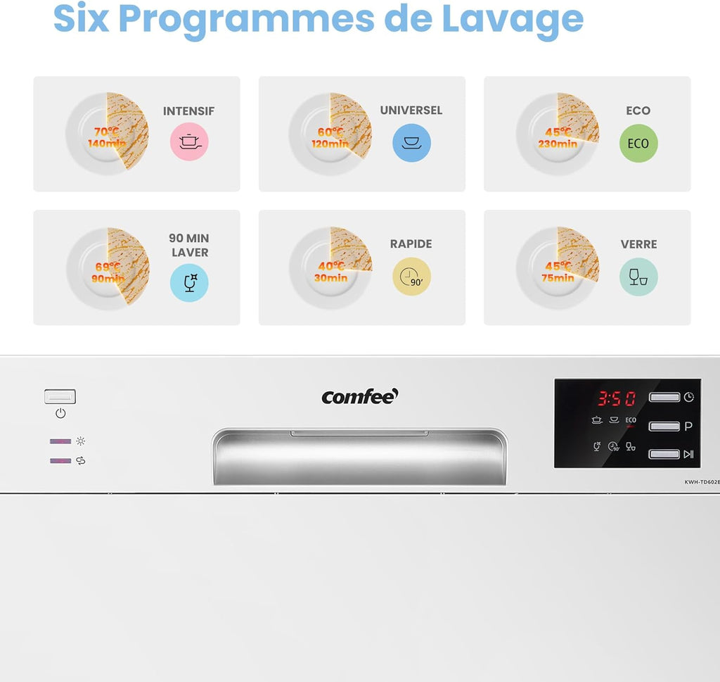 TD602E-W Lave-vaisselle compact pose libre, écran LED, 6,5 litres, blanc