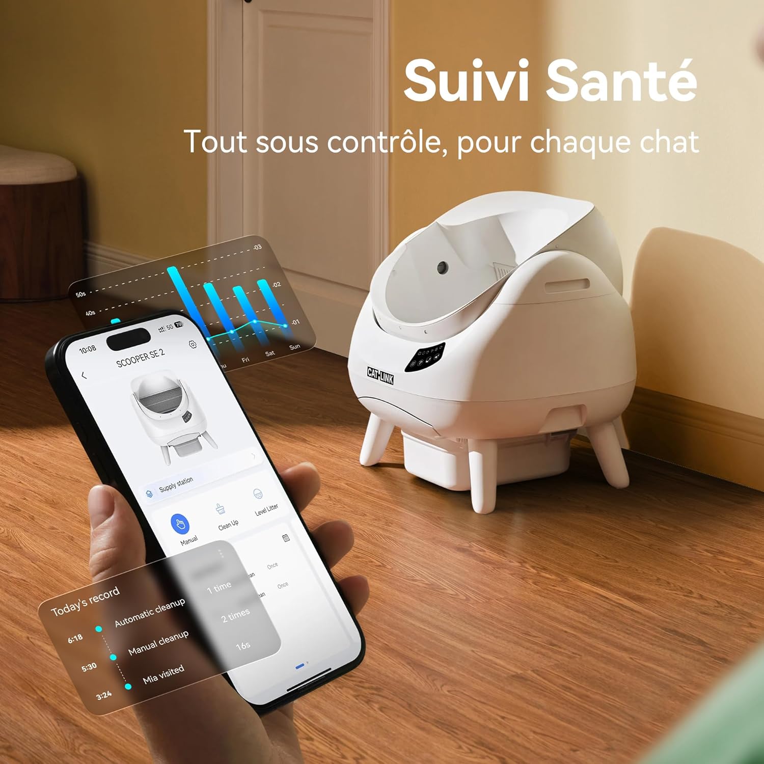 Litière Autonettoyante pour Chat, Avec Dessus Ouvert, Connexion 5 GHz, Grande Capacité 12L