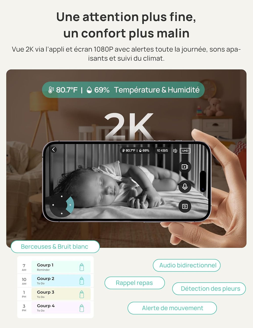 VistaView 5” Moniteur Bébé WiFi avec Support Clip - Caméra 2K HD, Contrôle Via Application